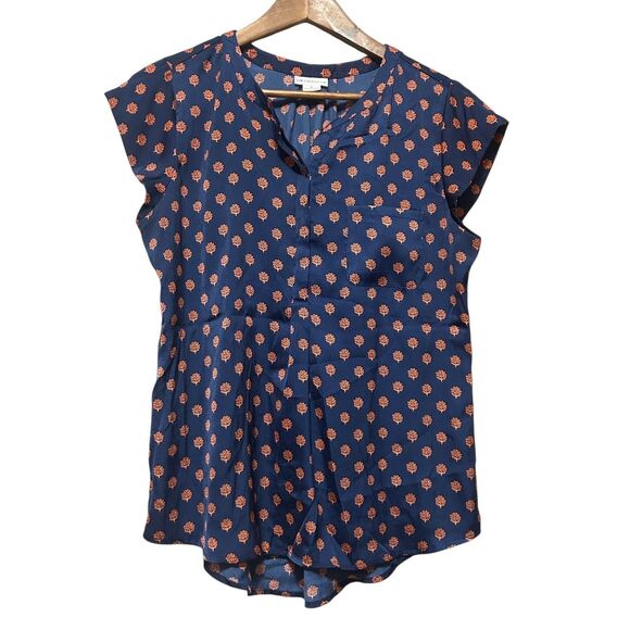 Liz Claiborne Blouse Top Medium Navy Blue Orange‎ Floral Cap Sleeve Pocket - Picture 1 of 5